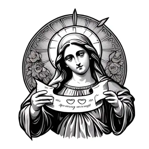 Saint Mary Holding A Ribbon With 2 Dates On It