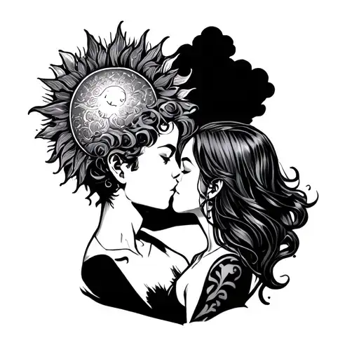 Guy With A Cloud Head Kissing A Girl With A Sun Head