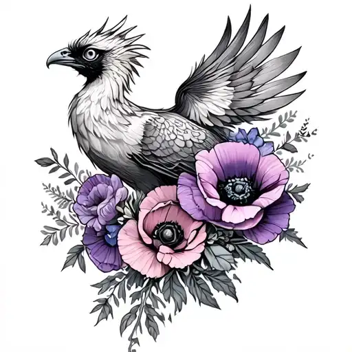 Phoenix Bird With A Bouquet Of Poppy And Violet Flowers