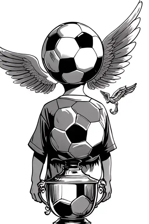 Kid With Soccer Ball Facing Away On Shoulders And A Trophy With Wings