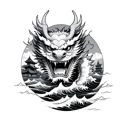 Japanese Dragon And Oni Mask Surrounded By Waves And A Japanese Village