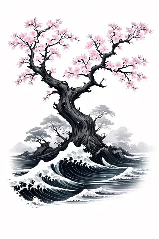 Forest And Cherry Blossoms And Sea Waves