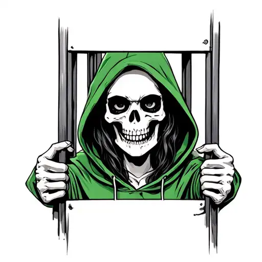 Skeleton Girl Reaper In Green Hoodie Behind Jail Bars