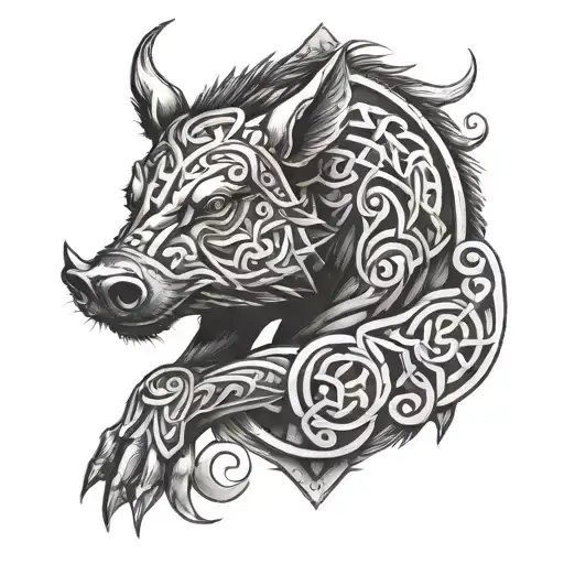 Boar With Blue Eyes On Armor Tattoo Design Featuring Celtic Trinity Knot