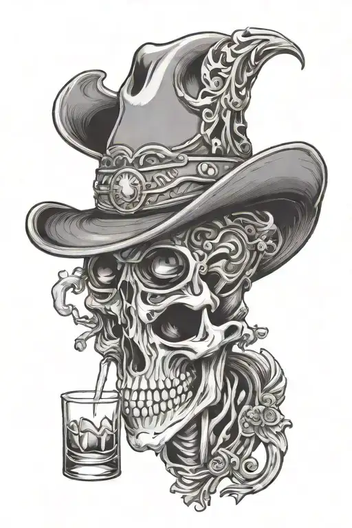 Skeleton Wearing A Cowboy Hat Drinking A Shot Glass