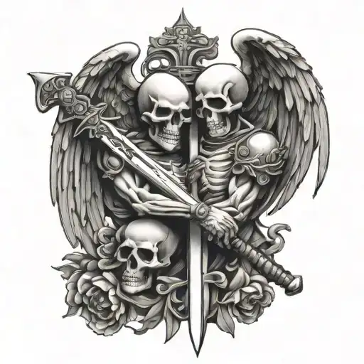 Skulls And Angel Holding A Sword