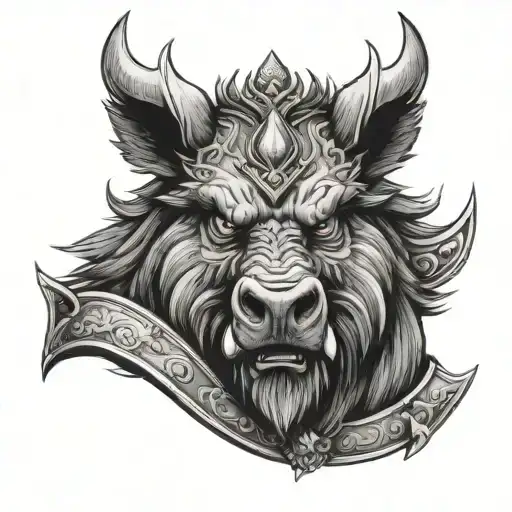 Angry Boar Head On Armor Wearing A Crown With Blue Eyes