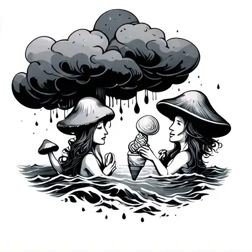 A Rain Cloud With Mushrooms And Two Lovers Who Eat Ice Cream At The Ocean