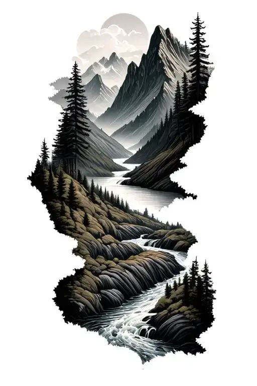 Mountain River Flowing Through A Dense