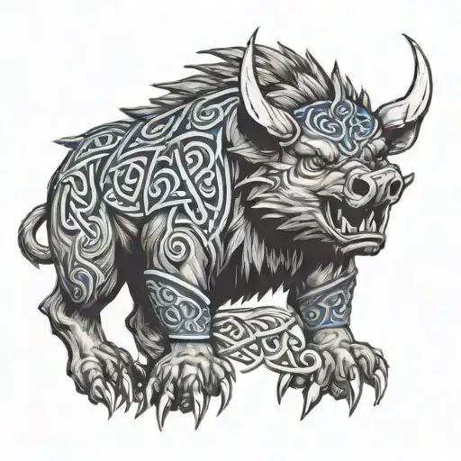 Angry Boar With Blue Eyes On Armor Tattoo Design Featuring Celtic Trinity Knot