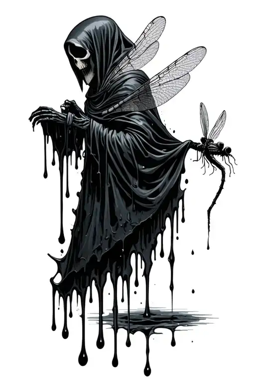 Grim Reaper's Tattered Cloak Turns Into Thick Black Oil That A Dragonfly Is Stuck In