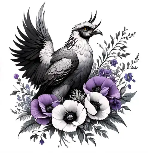 Phoenix Bird With A Bouquet Of Poppy And Violet Flower Intertwined