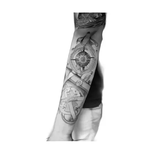 Tattoo Compass Anchor And Parchment With Unified Dashed Background