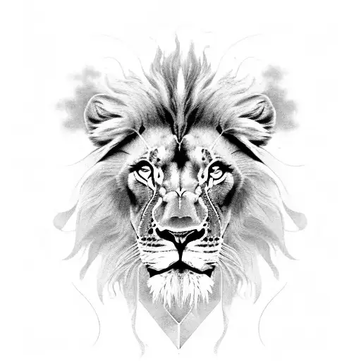 A Black And Grey Lion Portrait With Art Deco Background Elements