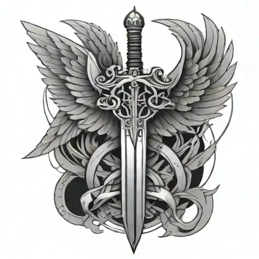 Sword Encased In Wings With A Geometric Background