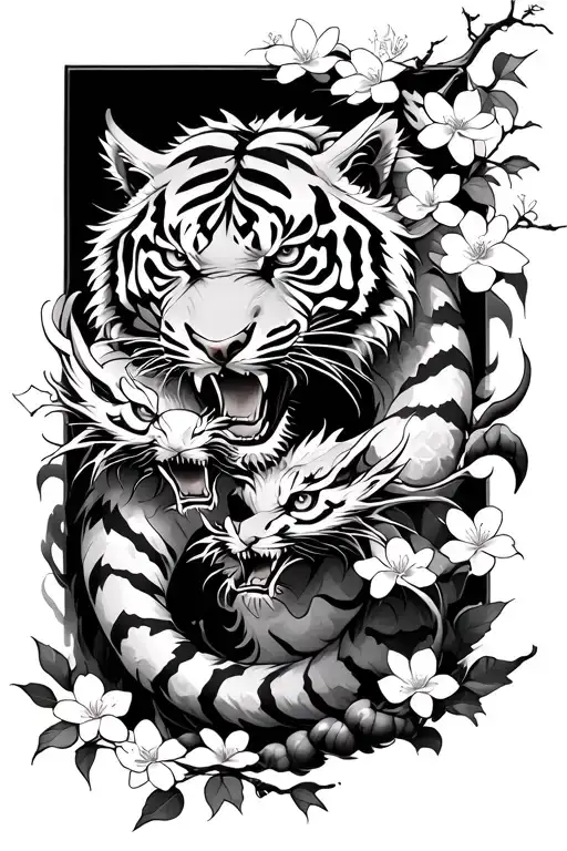 Tiger Fighting A Dragon With Cherry Blossoms