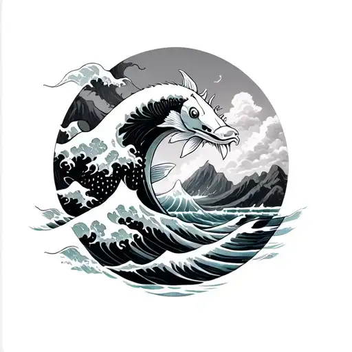 Koi Fish Swimming Up A Waterfall Dragons Gate Great Wave