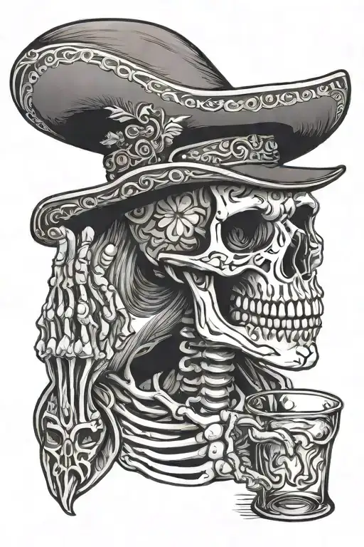 Skeleton Wearing A Sombrero Drinking A Shot Glass