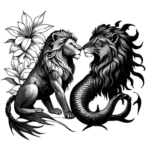 Leo And Scorpio With A Lion And Mermaid With A Hawaiian Flower