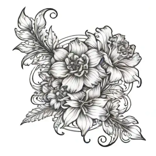 Create A Tattoo Design That Has Marigold And Daffodil Flowers With Rainbow And An Aries Zodiac Sign