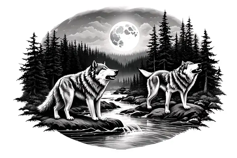 Forest Scene With River Running Wolves Howling At The Moon
