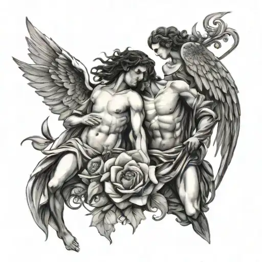 Saint Sebastian And Angel Raphael And Lily Flower Intertwined