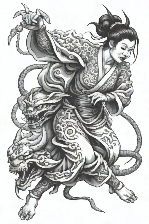 Japanese Woman Fighting A Demon