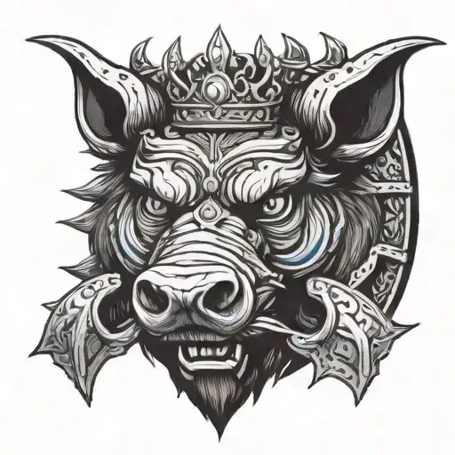 Angry Boar Head Wearing Crown On A Bed Of Armor With Blue Eyes And Tusks Showing Looking Straight