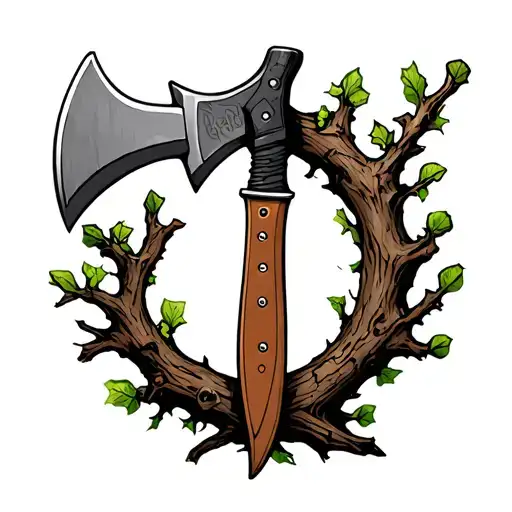 Axe And Knife Surrounded By Tree Branch