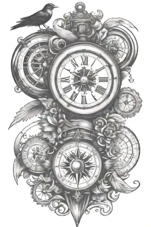 Wisdom Courage Clock Compass Rose Clean Lines Swallow