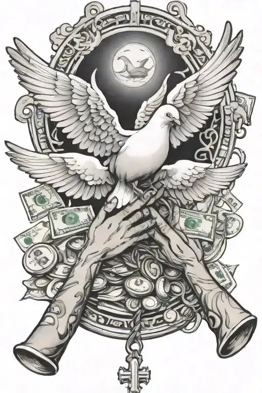 Praying Hands Holding Rosary And Money With Doves Flying Off