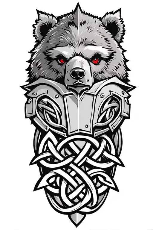 Bear With Red Eyes On Armor Tattoo Design Featuring Celtic Trinity Knot