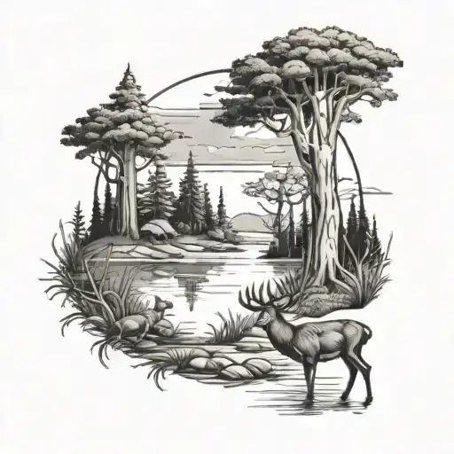 Woods With Deer And Ducks And Turkey By A Lake Surrounded