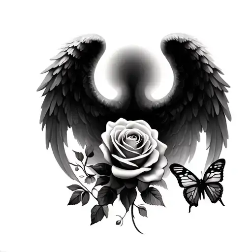 Angel Wings With Rose And Butterfly