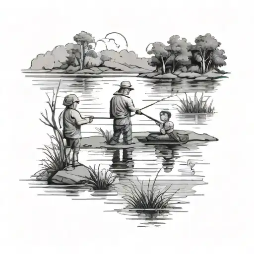 Man Fishing On Lakeshore With Three Children