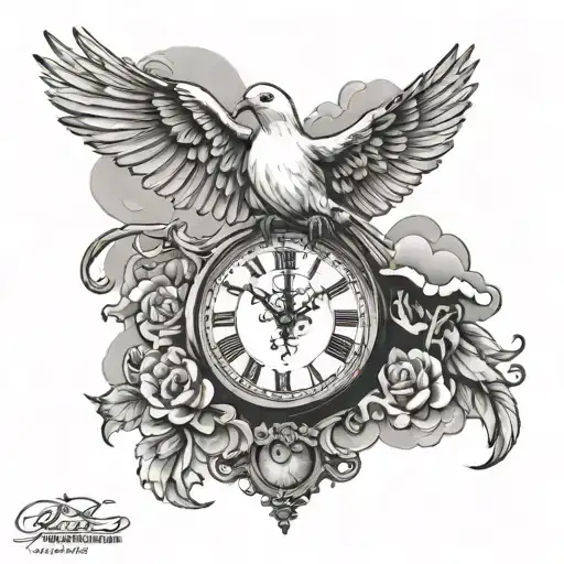 Dove And Clock Tattoo With Clouds