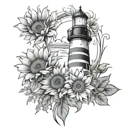 Lighthouse And Sunflowers Growing
