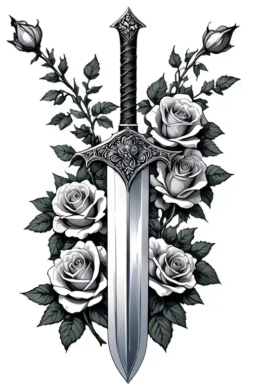 A Medieval Sword Surrounded By Roses Growing