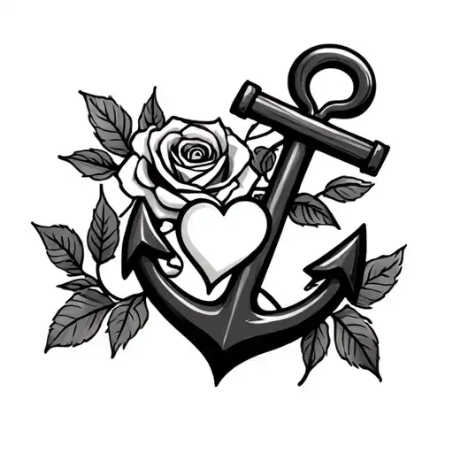 Anchor With Small Heart At The Cross Of The Anchor With A Heart And Rose With Leaves Behind It
