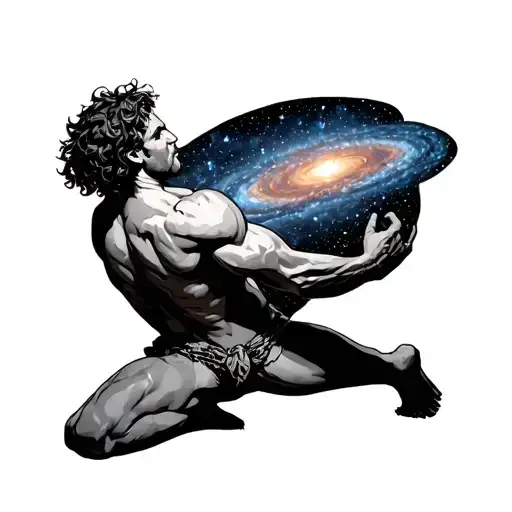 Atlas Kneeling Holding The Galaxy Filled With Stars On His Back