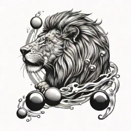 A Lion Elegantly Swimming Underwater Surrounded By Snooker Balls