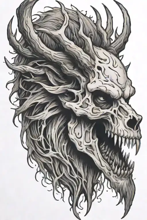 Wendigo Tattoo With A Wolf Skull And Deer Antlers Mouth Opening Looking Left