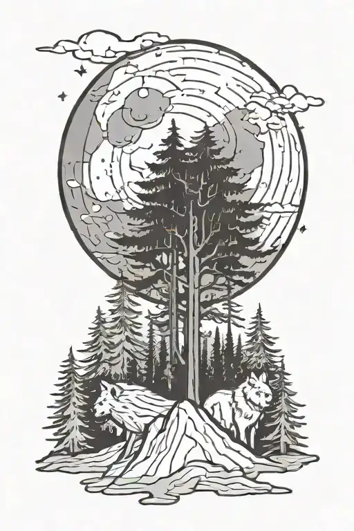 Trees Mountain Moon Wolf