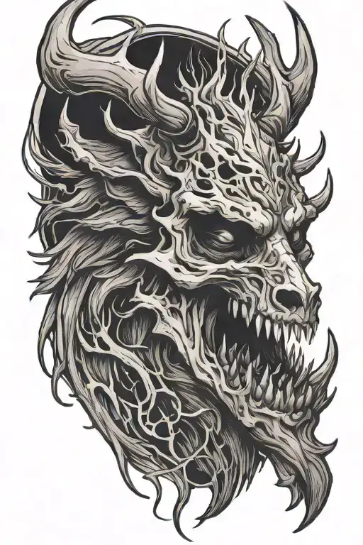 Wendigo Tattoo With A Wolf Skull And Deer Antlers Mouth Opening Looking Left