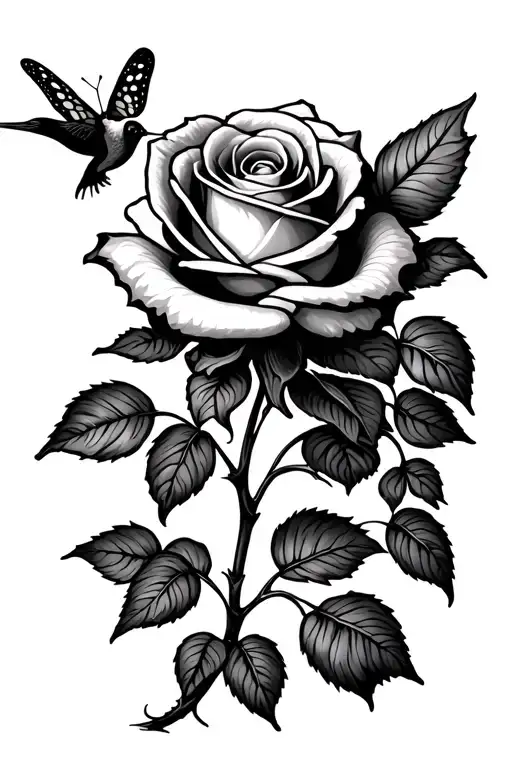 Rose With Stem With Love You Later And Humming Bird And Butterfly Tattoo