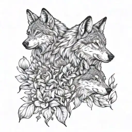 Wolf And Her Pup Surrounded By Trees And Iris Flowers And Pieces Constellation