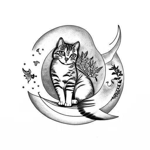 Tattoo Of A Cat Sitting On A Crescent Moon Surrounded By Wildflowers And Herbs