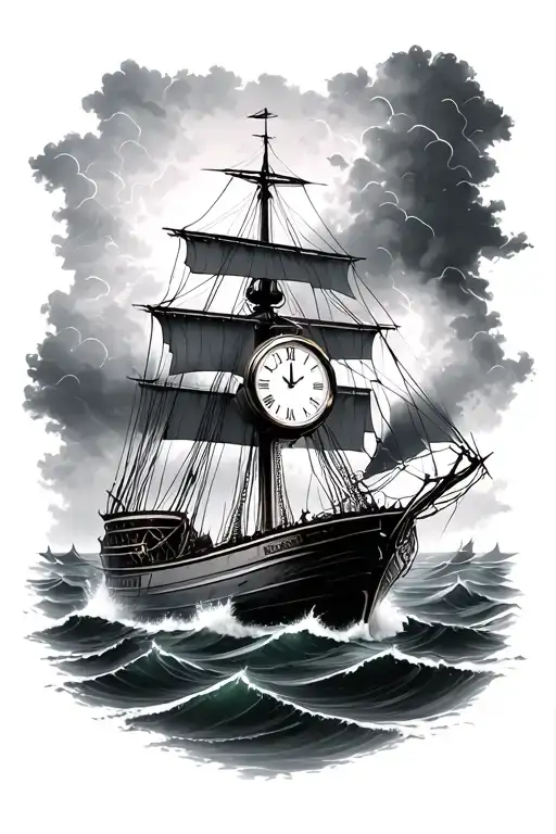 Boat In Storm Deep At Sea With Clock Face