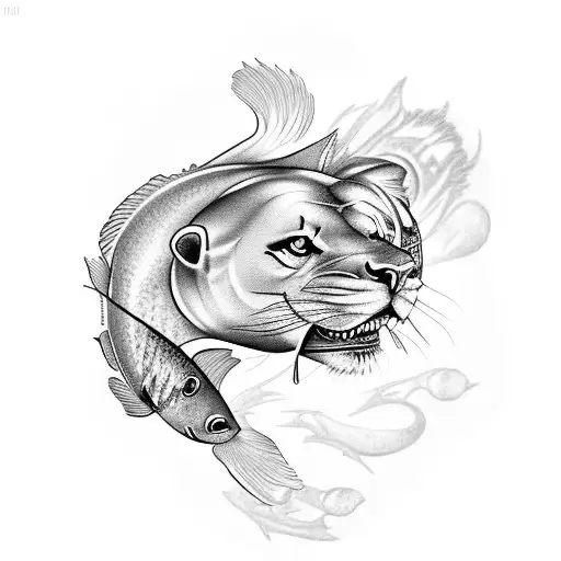 I Want A Tattoo Of 2 Fish From A Top View Swimming Around The Front View Of A Lion Head