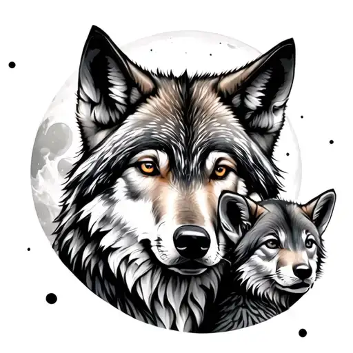 Grey Wolf And Cub Uner Moon